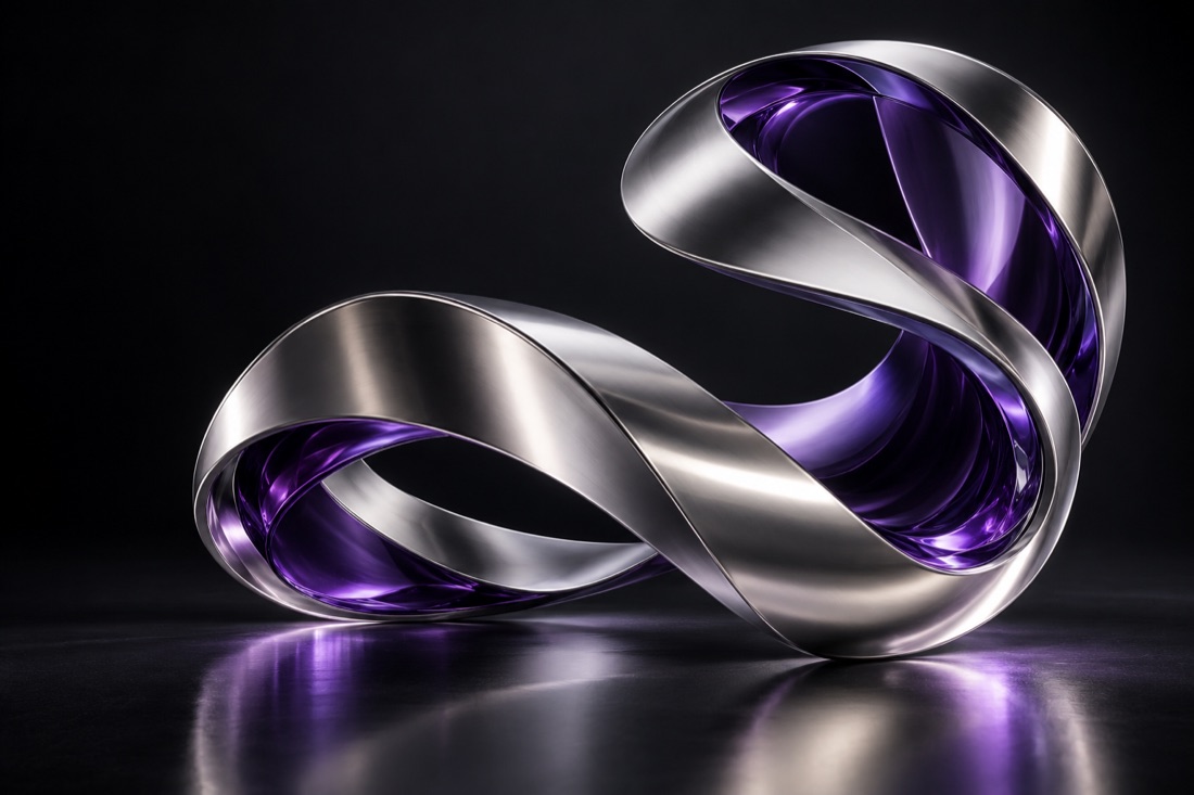 Abstraktes Signature-Motiv aus Chrom und violettem Glas